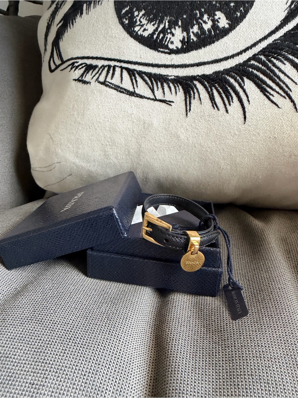 Prada Black Leather Belt Bracelet with Gold-Tone Charm